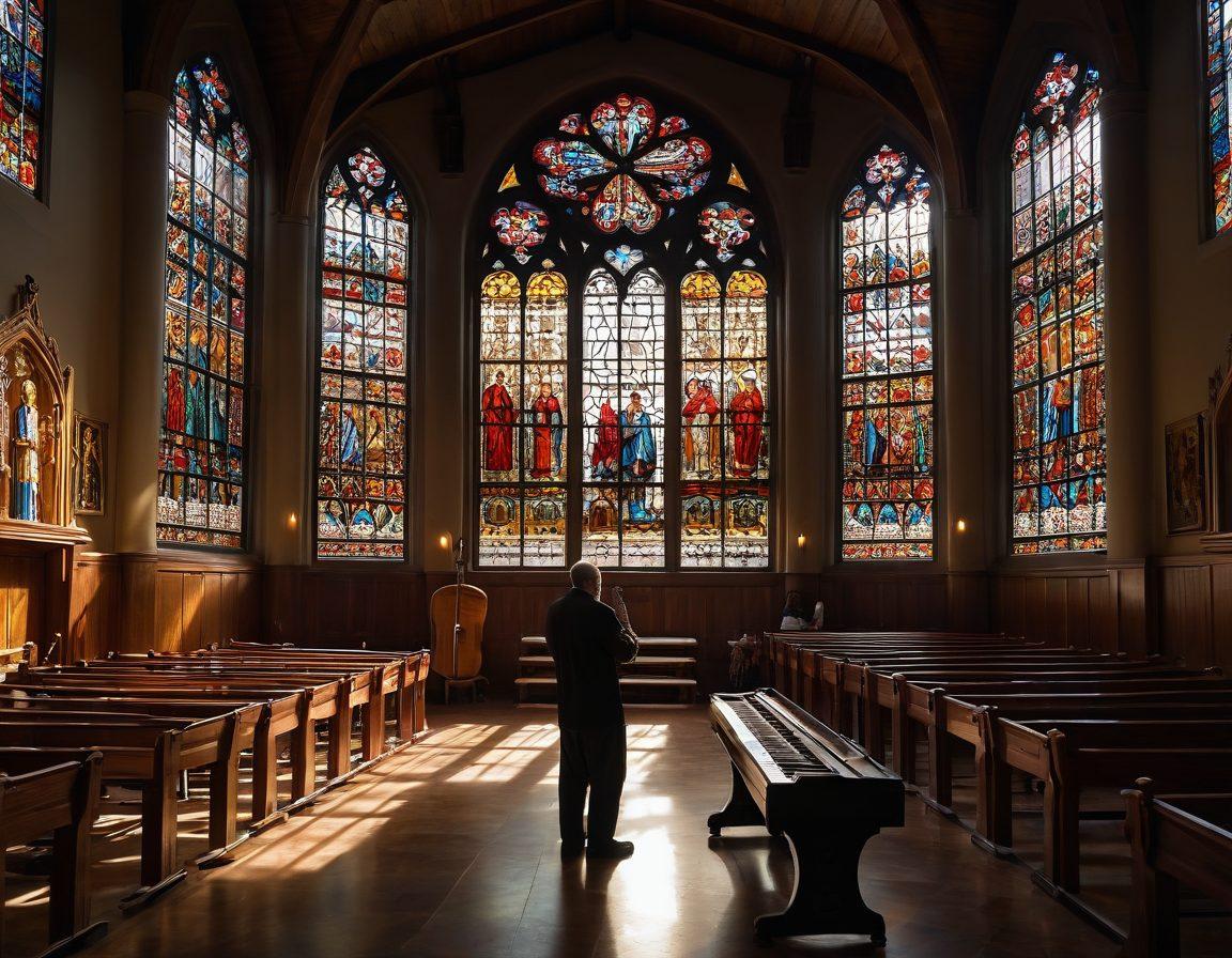 A serene scene depicting a group of diverse Christian artists passionately creating music and art in a sunlit church, with beams of light streaming through stained glass windows, highlighting their faces and instruments. In the background, worshippers are engaged in prayer, showcasing a sense of connection and spiritual upliftment. Emphasize vibrant colors and the joyful atmosphere of artistic expression. super-realistic. vibrant colors. chiaroscuro lighting.