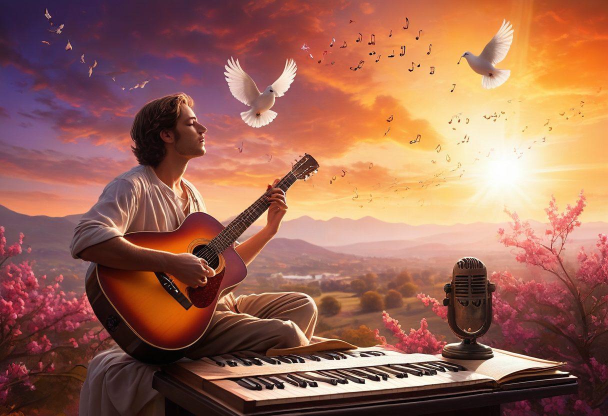 A serene landscape featuring a guitarist immersed in songwriting under a vibrant sunset, surrounded by musical notes that float in the air like whispers. Incorporate elements representing both spirituality, such as doves or light rays, and the music industry, like a microphone or sheet music. The scene evokes inspiration and connection with divine creativity. super-realistic. vibrant colors. peaceful ambiance.