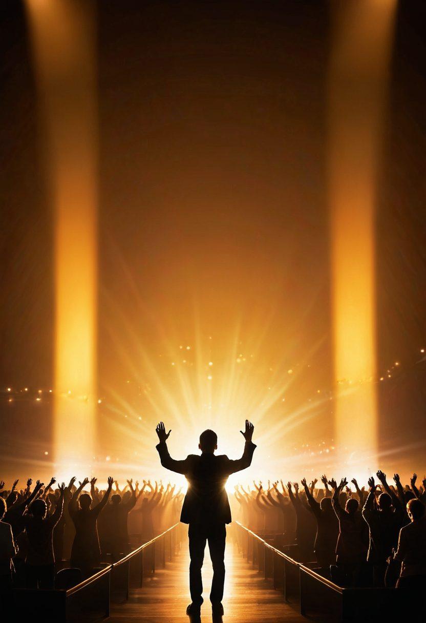 An inspiring scene featuring a silhouette of a singer on stage under warm golden lights, surrounded by an audience with hands raised in worship. Incorporate musical notes swirling around, representing the transformative power of song. Include subtle imagery of a church in the background, symbolizing faith and community. A soft, ethereal glow throughout the scene signifies divine inspiration. soft focus. vibrant colors. painting.
